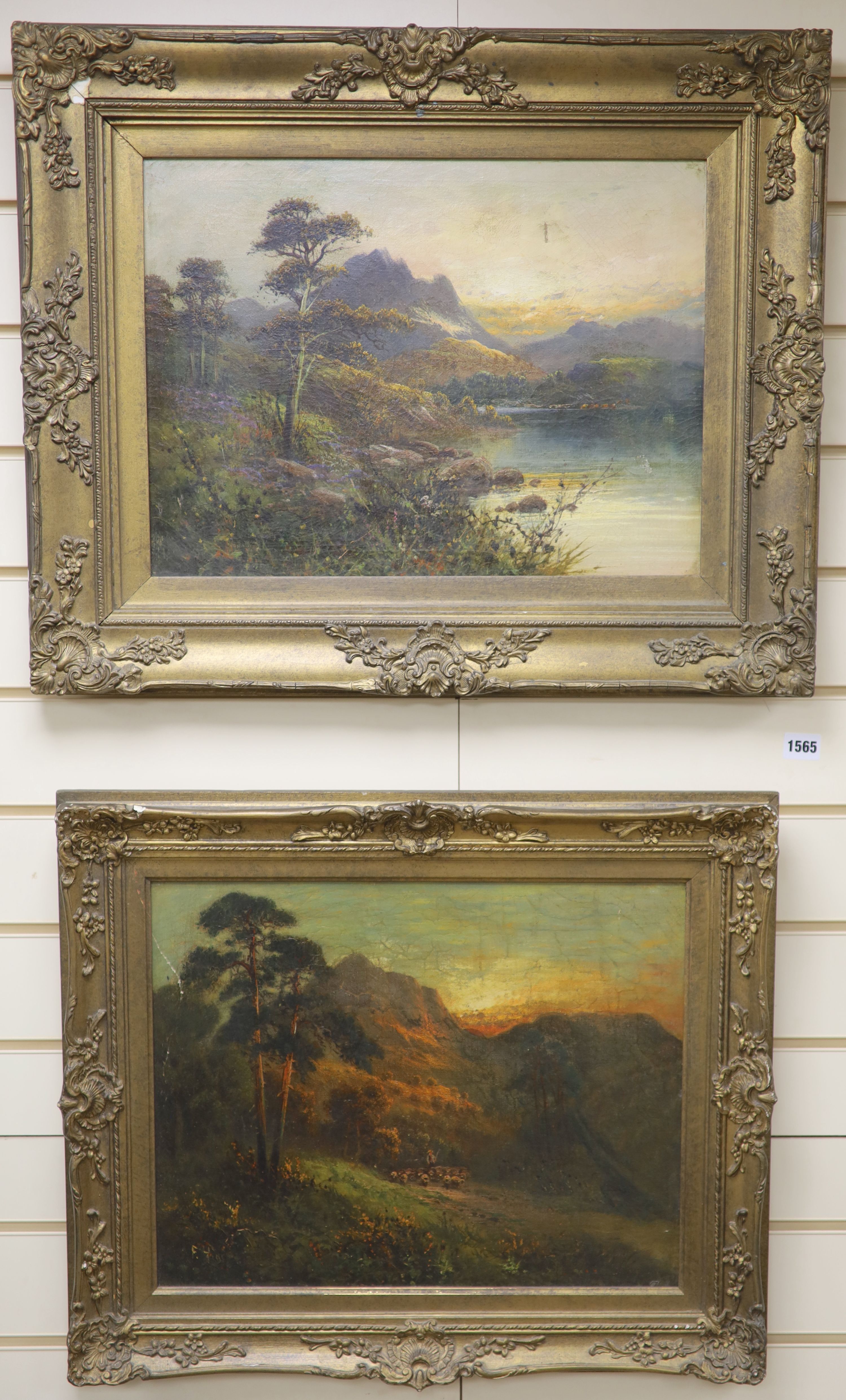 Frederick Hines (fl.1875-1897), pair of oils on canvas, Highland landscapes with loch and shepherd, signed, 35 x 44cm